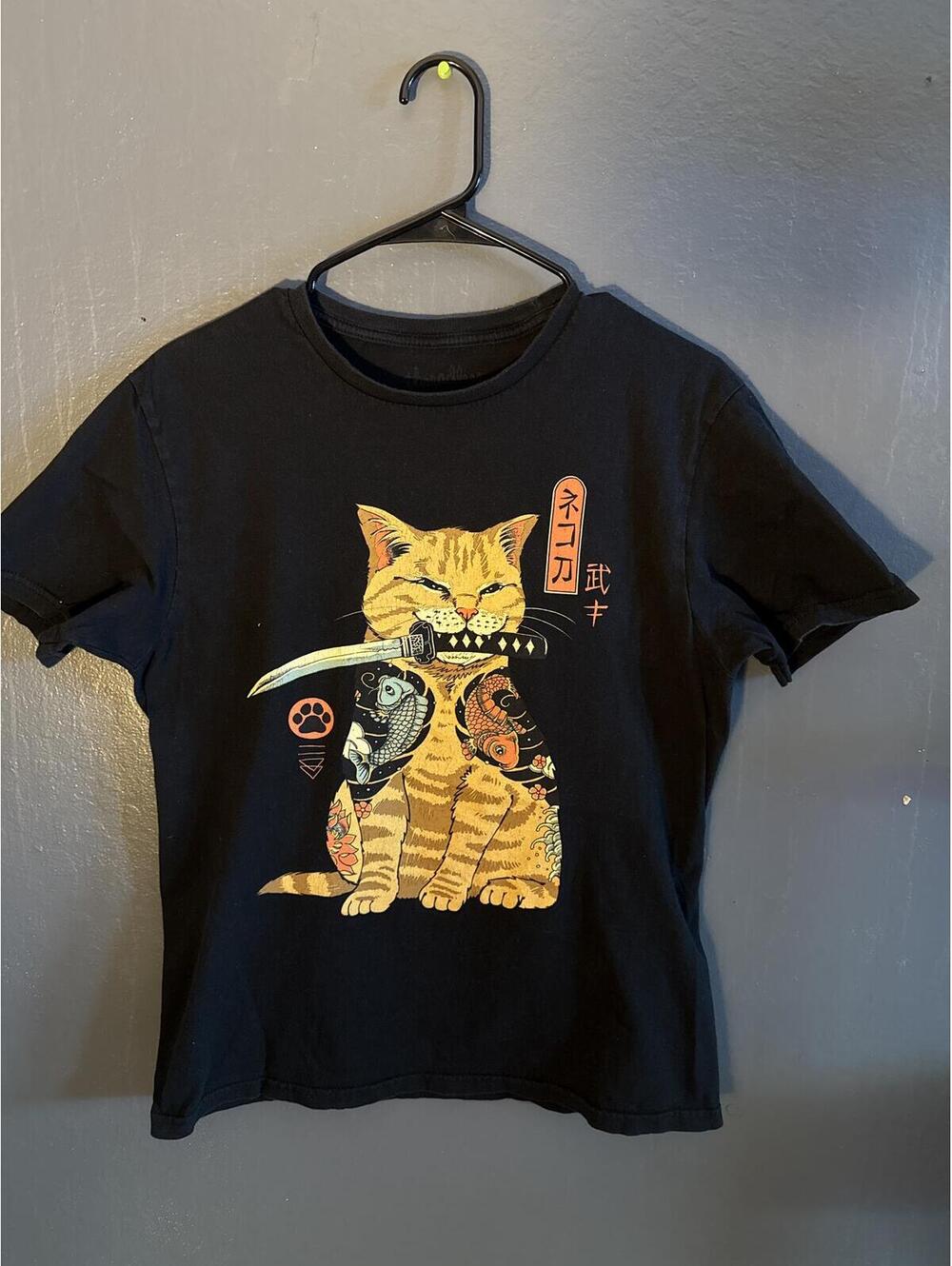 Threadless Black T-Shirt with Samurai Cat Graphic, Size M